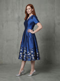 Blue short sleeves floral jacquard A-line mom dress
