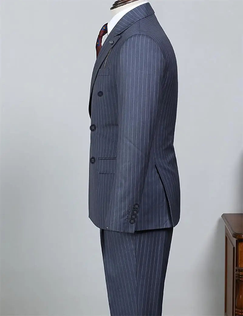Navy Blue Men's Striped Business Suit 2-piece Set Suit Jacket Suit Pants Double Breasted Slim Fit Man Suit Groom's Wedding Suit