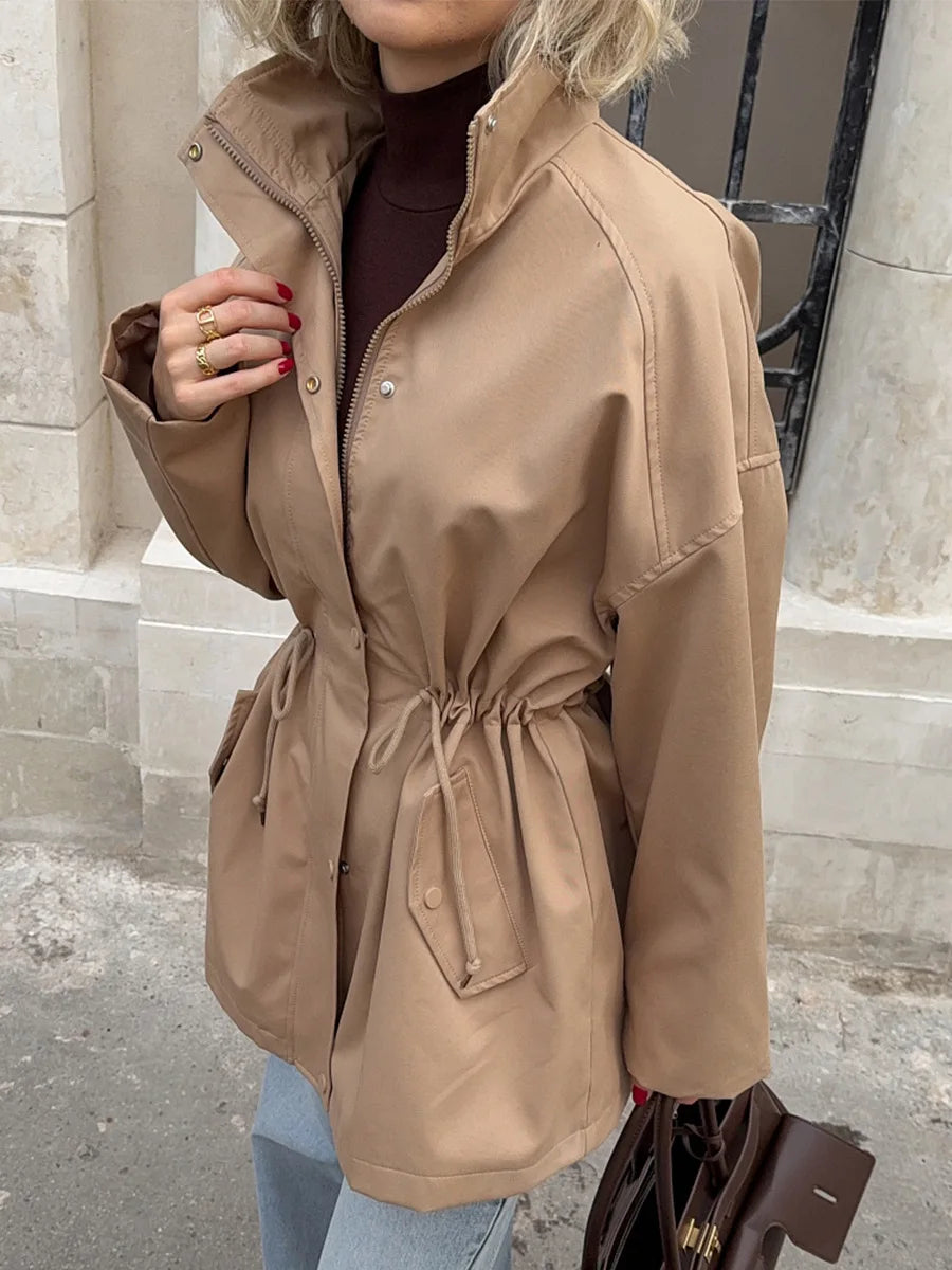 Tossy Stand Collar Lace-Up Trench Jacket Fashion Female Autumn 2025 Commute Long Sleeves Casual Women's High Waist Trench Coat