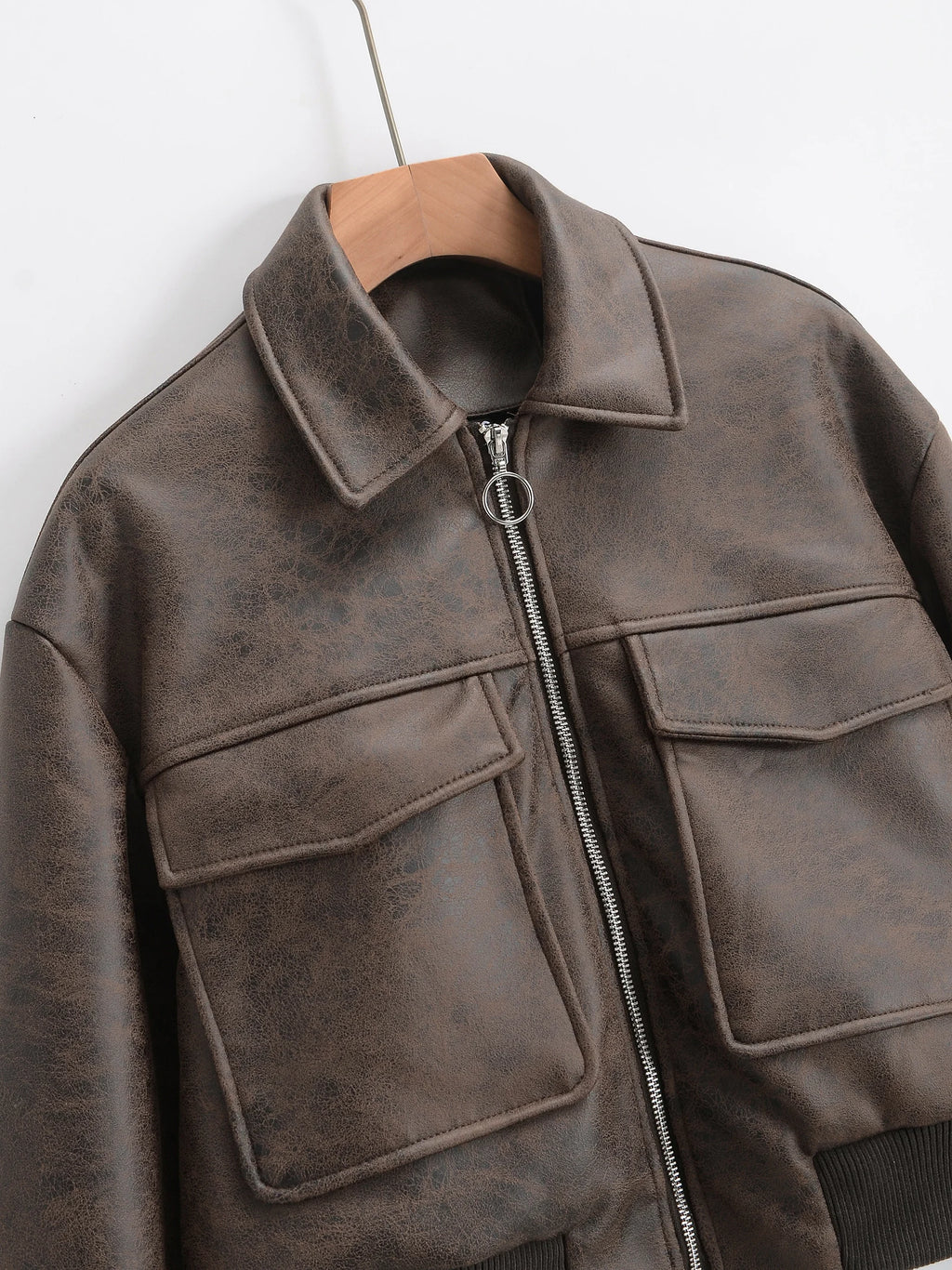 Women Retro Vintage Coffee Faux Leather PU Baseball Jackets Female Moto Biker Pockets Mate Suede Loose Fit Streetwear Coats Tops