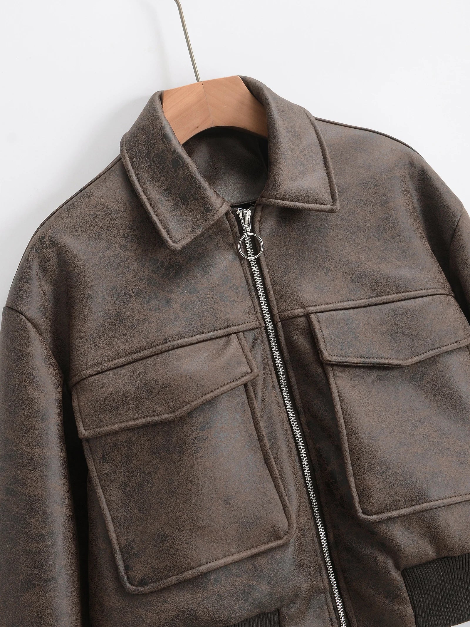 Women Retro Vintage Coffee Faux Leather PU Baseball Jackets Female Moto Biker Pockets Mate Suede Loose Fit Streetwear Coats Tops