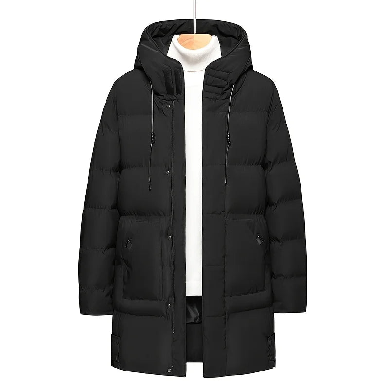 2026 Warm Hooded Mid-length Jacket Mens Casual Zip Up Cotton Padded Jacket Overcoat Autumn Winter Windbreaker Coats Men Clothing