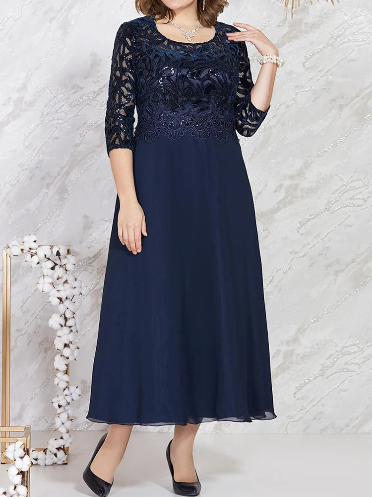 5XL Plus Size Party Dress Woman 2023 Spring Summer Sequined Lace Patchwork Elegant Dress for  Ladies From 50 To 60 Years