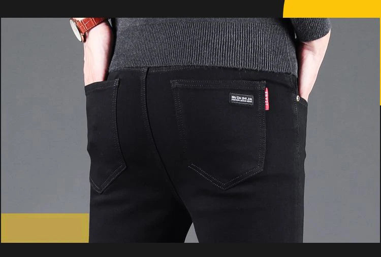Spring Autumn New Men's Pure Black Slim Jeans Elastic Straight Pants Business Fashion Leisure Korean Vintage Denim Pants Male