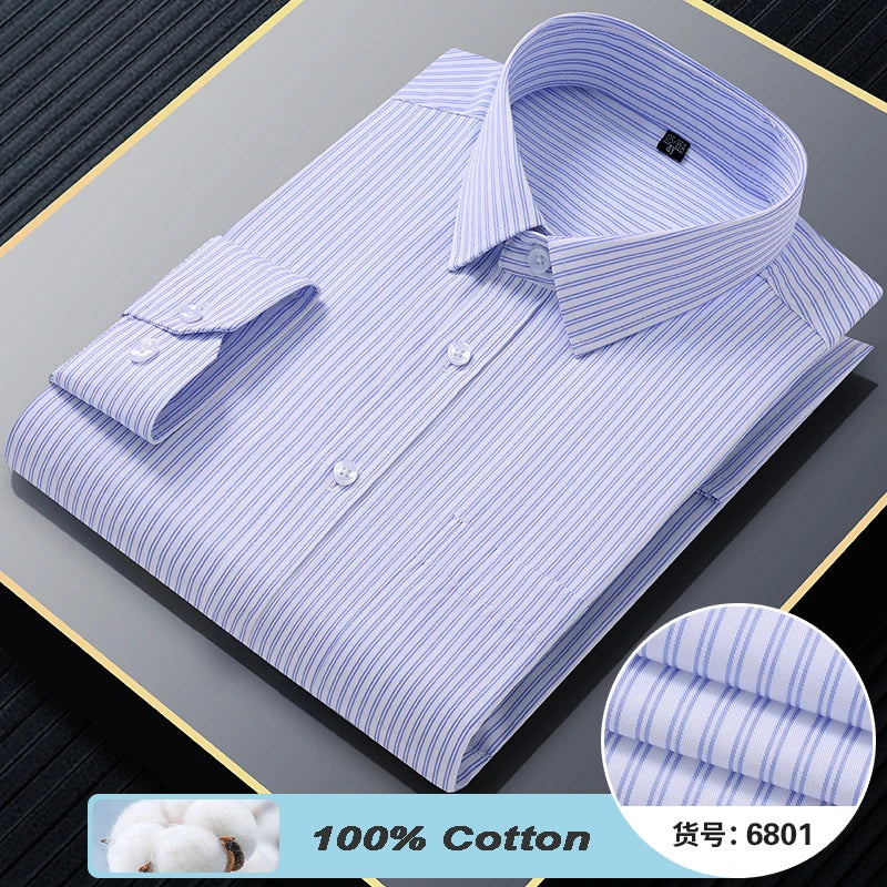 Plus Size 8XL 7XL 6XL Quality 100% Cotton Men's Shirts Long Sleeve Slim Fit Business Formal Striped Shirt Social Male Clothing
