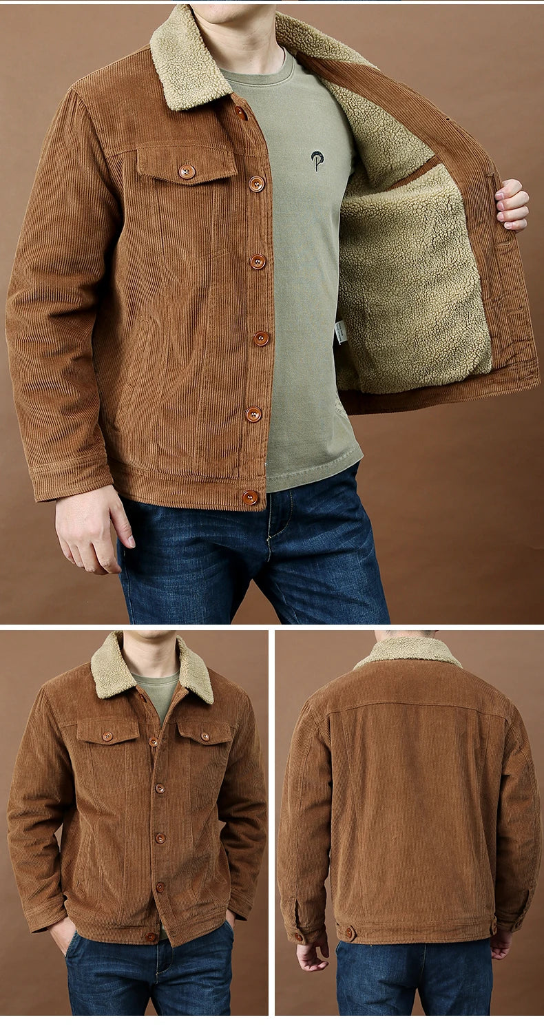 Men's Outdoor Sportswear Parkas Men's Corduroy Jacket High-quality Plush Retro Short Style Lapel Button Thick Winter Warm Jacket