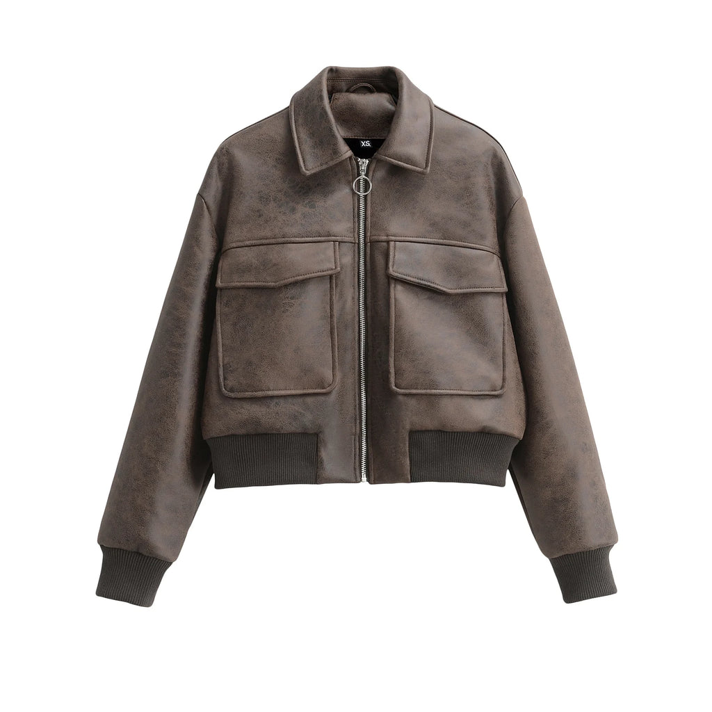 Women Retro Vintage Coffee Faux Leather PU Baseball Jackets Female Moto Biker Pockets Mate Suede Loose Fit Streetwear Coats Tops