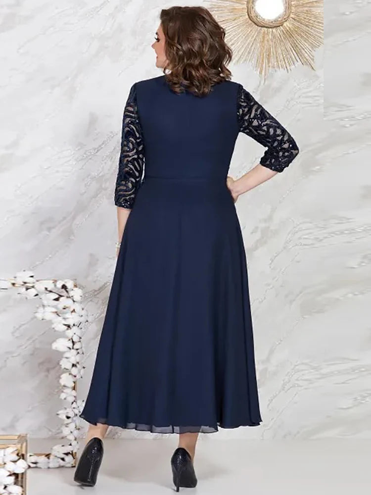 5XL Plus Size Party Dress Woman 2023 Spring Summer Sequined Lace Patchwork Elegant Dress for  Ladies From 50 To 60 Years