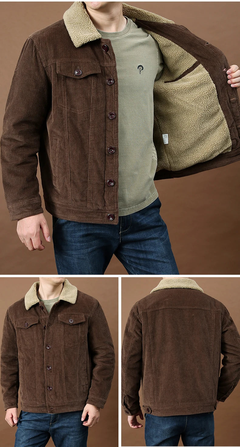 Men's Outdoor Sportswear Parkas Men's Corduroy Jacket High-quality Plush Retro Short Style Lapel Button Thick Winter Warm Jacket