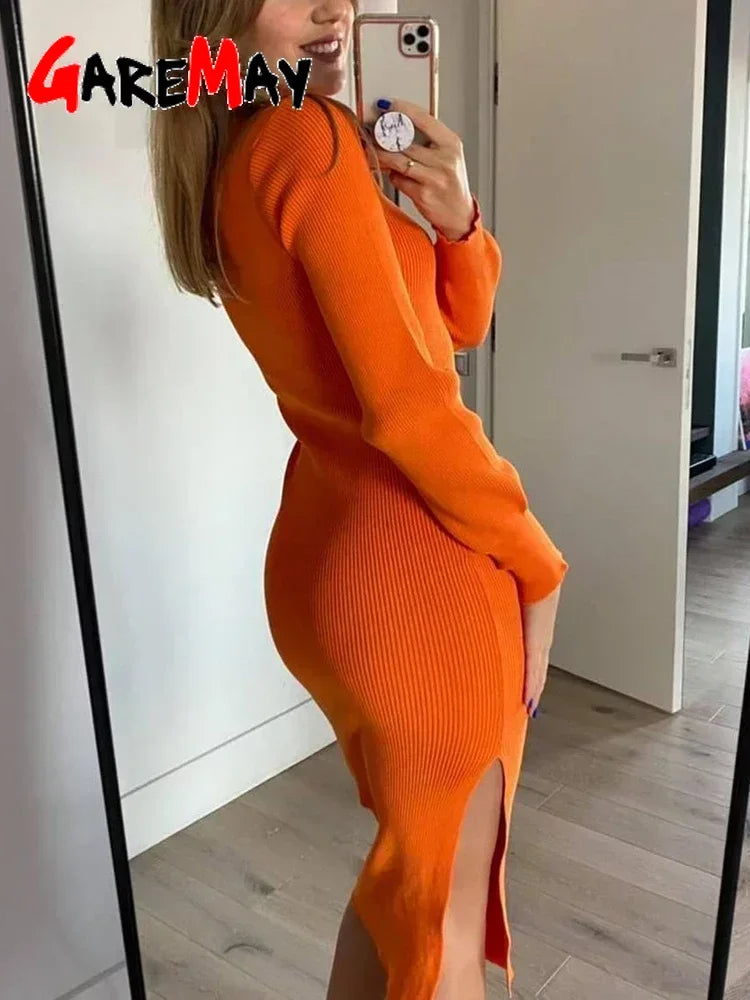 Black Women Knitted Dress with Side Slits Bodycon Autumn Winter Tight Dresses Elegant Long Sleeve Female Ribbed Knit Dress 2025
