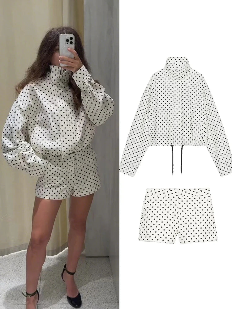 Elegant Polka Dot Jacket Sets For Women Autumn Stand Collar Drawstring Coats High Waist Shorts 2 Pieces Sets Lady Street Outfits