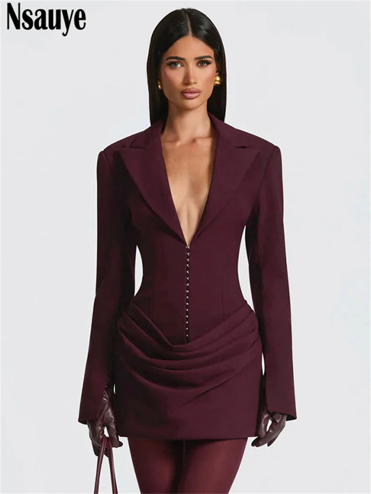 Nsauye Elegant Evening Short Dress Women Fall Long Sleeve Sexy Fashion Night Club Party White Mini Wrap Corset Dress 2025 Winter