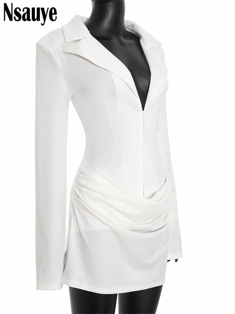 Nsauye Elegant Evening Short Dress Women Fall Long Sleeve Sexy Fashion Night Club Party White Mini Wrap Corset Dress 2025 Winter