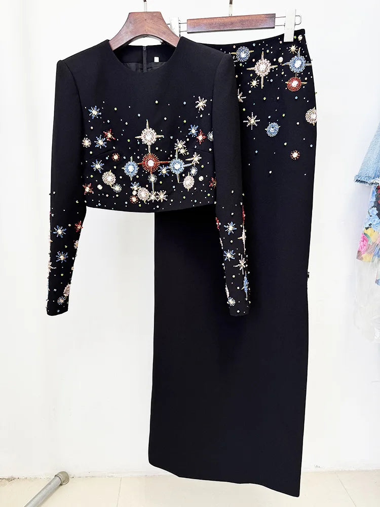 HIGH STREET Newest 2026 Designer Fashion Suit Set Women's  Diamonds Beaded Cropped Tops Long Skirt Set 2pcs