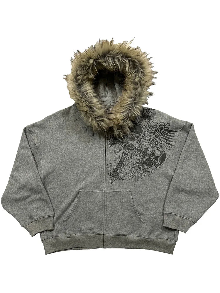 Autumn Winter Y2k Women Aesthetic Harajuku Faux Fur Collar Hoodies Clothes Graphic Hip Hop Punk Gothic Zip Up Hoodies 2026 New