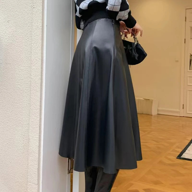 Genuine Leather Skirts For Women 2025 Europe Street Top Layer Sheepskin Pleated Faldas Mujer Long Umbrella Super Large Hem Jupe