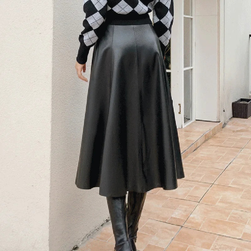 Genuine Leather Skirts For Women 2025 Europe Street Top Layer Sheepskin Pleated Faldas Mujer Long Umbrella Super Large Hem Jupe