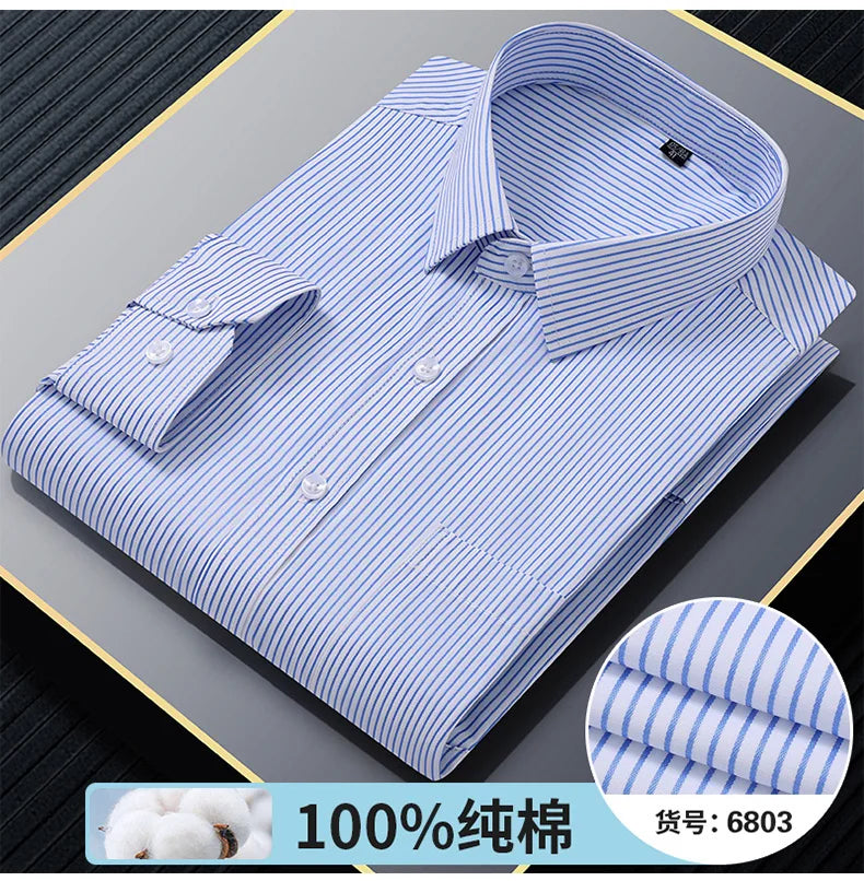 Plus Size 8XL 7XL 6XL Quality 100% Cotton Men's Shirts Long Sleeve Slim Fit Business Formal Striped Shirt Social Male Clothing