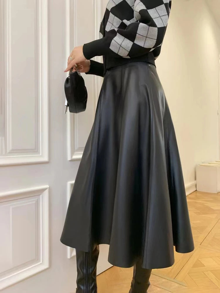 Genuine Leather Skirts For Women 2025 Europe Street Top Layer Sheepskin Pleated Faldas Mujer Long Umbrella Super Large Hem Jupe