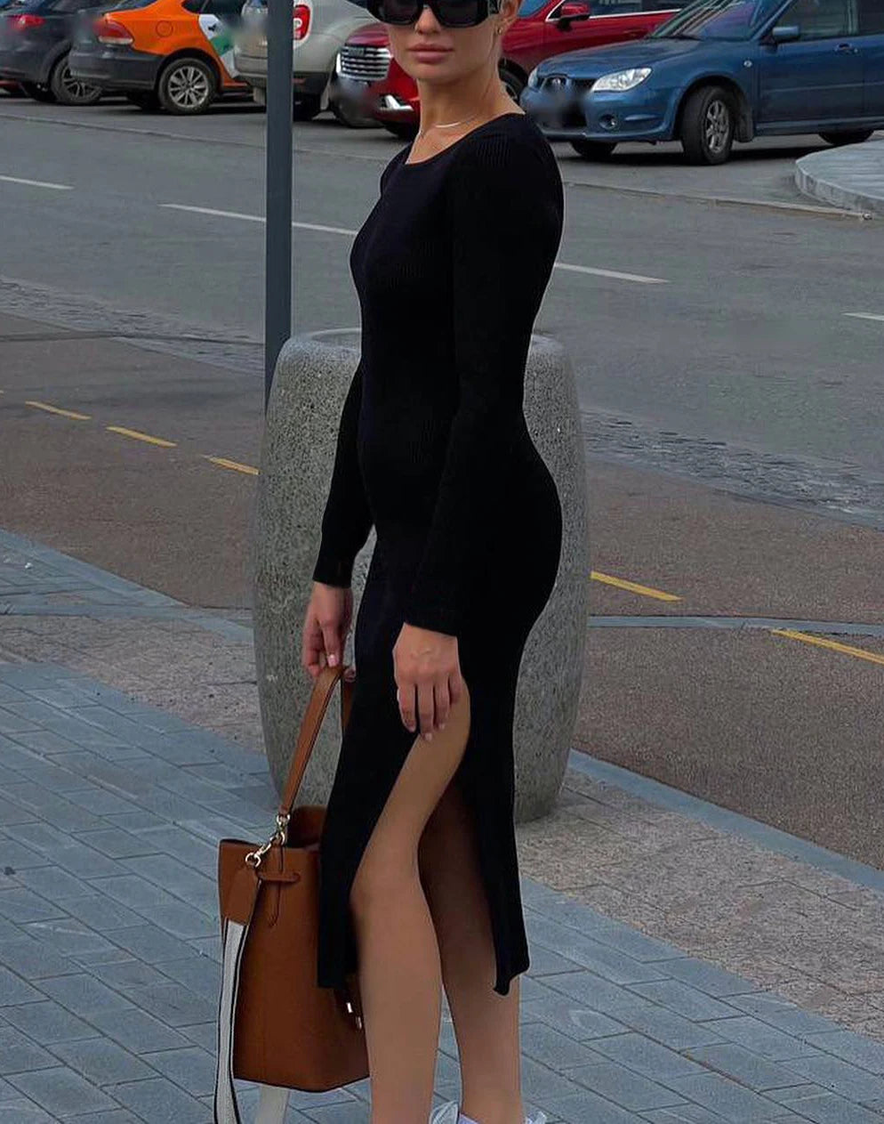 Black Women Knitted Dress with Side Slits Bodycon Autumn Winter Tight Dresses Elegant Long Sleeve Female Ribbed Knit Dress 2025