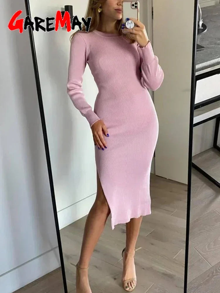 Black Women Knitted Dress with Side Slits Bodycon Autumn Winter Tight Dresses Elegant Long Sleeve Female Ribbed Knit Dress 2025