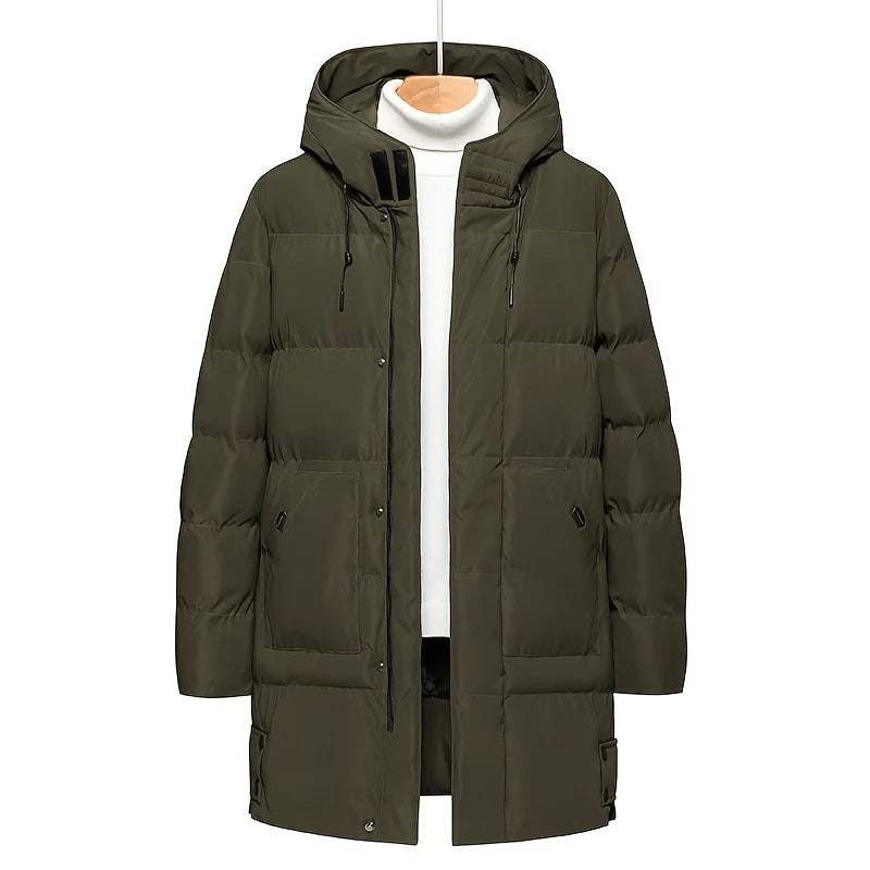 2026 Warm Hooded Mid-length Jacket Mens Casual Zip Up Cotton Padded Jacket Overcoat Autumn Winter Windbreaker Coats Men Clothing