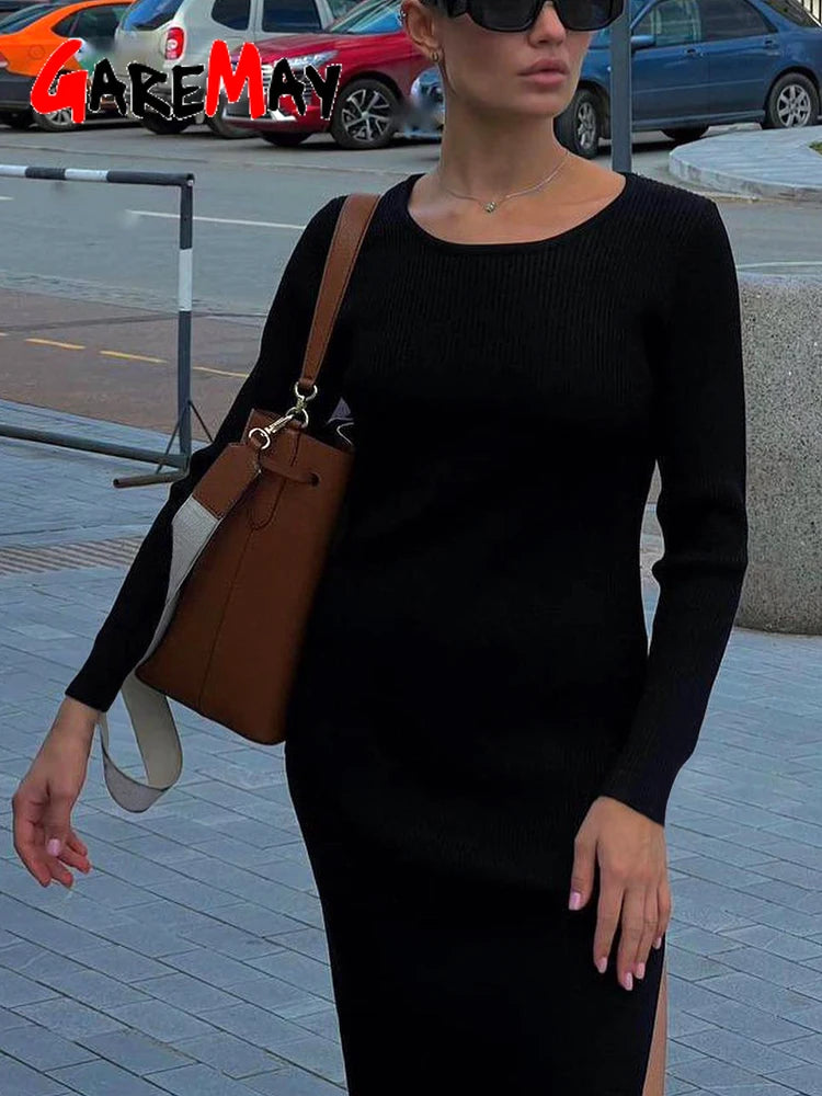 Black Women Knitted Dress with Side Slits Bodycon Autumn Winter Tight Dresses Elegant Long Sleeve Female Ribbed Knit Dress 2025
