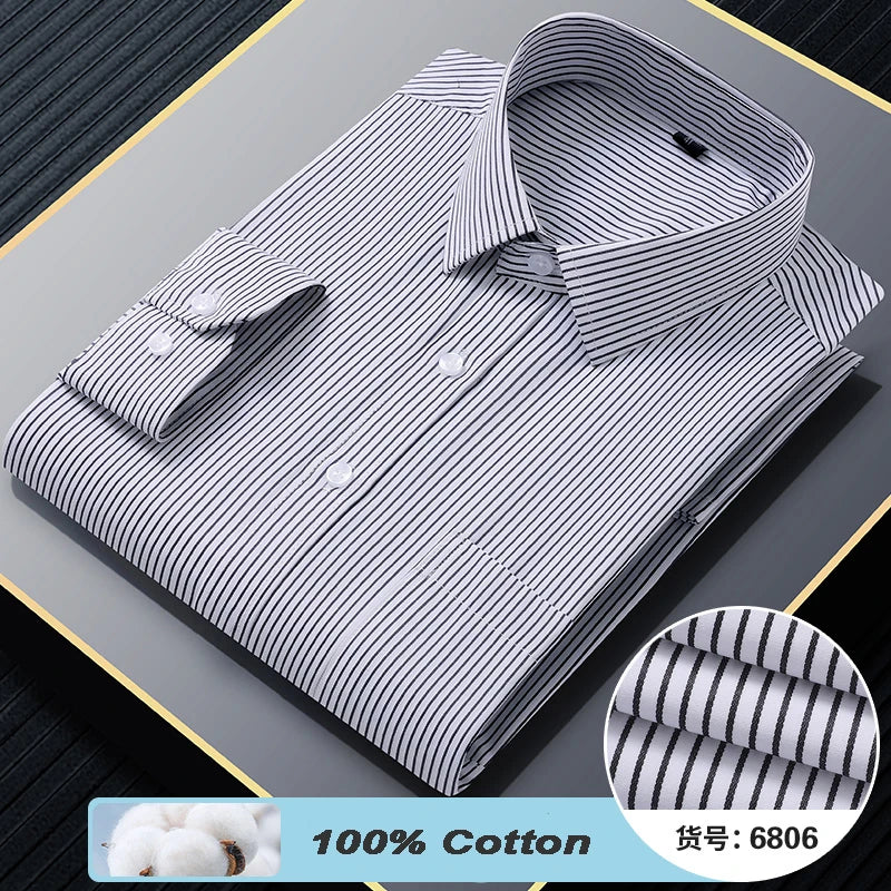 Plus Size 8XL 7XL 6XL Quality 100% Cotton Men's Shirts Long Sleeve Slim Fit Business Formal Striped Shirt Social Male Clothing