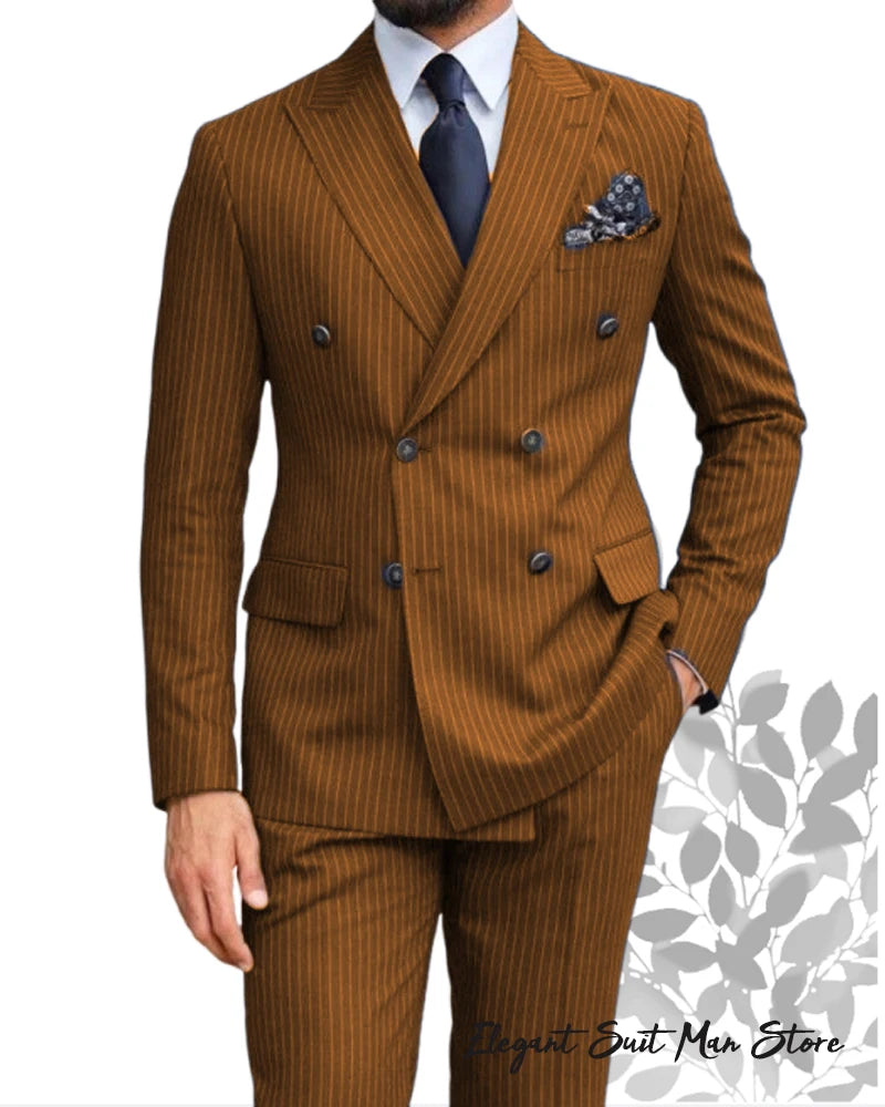 Navy Blue Men's Striped Business Suit 2-piece Set Suit Jacket Suit Pants Double Breasted Slim Fit Man Suit Groom's Wedding Suit