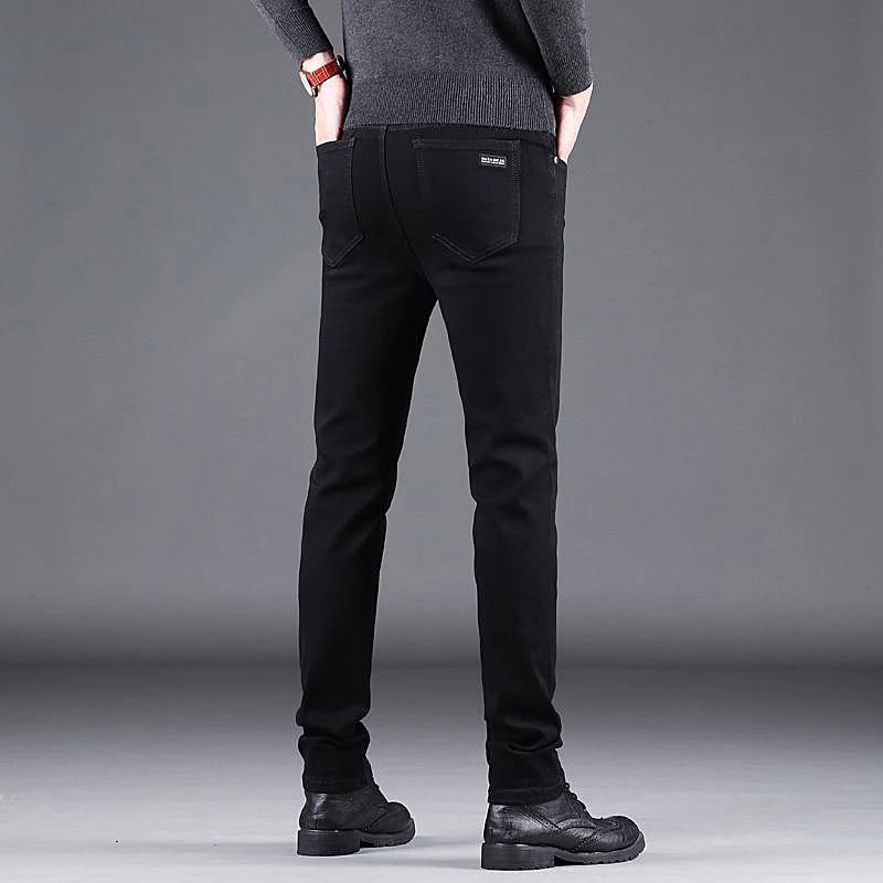 Spring Autumn New Men's Pure Black Slim Jeans Elastic Straight Pants Business Fashion Leisure Korean Vintage Denim Pants Male