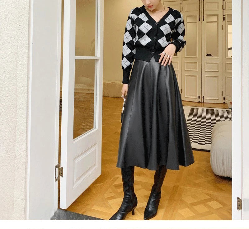 Genuine Leather Skirts For Women 2025 Europe Street Top Layer Sheepskin Pleated Faldas Mujer Long Umbrella Super Large Hem Jupe