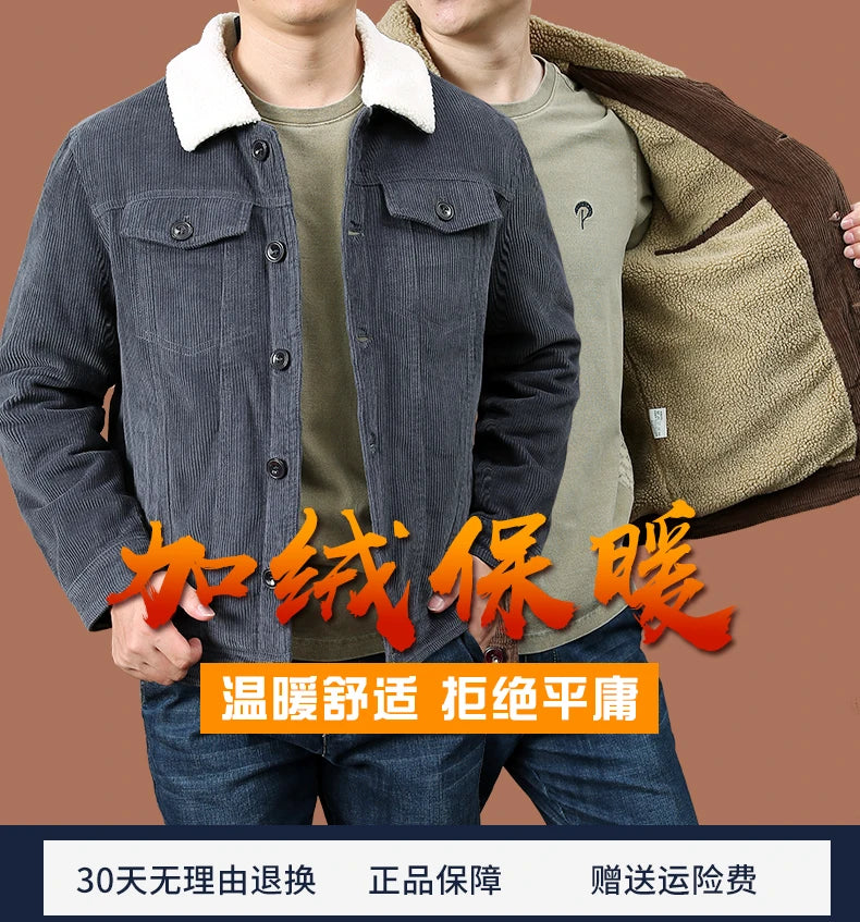 Men's Outdoor Sportswear Parkas Men's Corduroy Jacket High-quality Plush Retro Short Style Lapel Button Thick Winter Warm Jacket