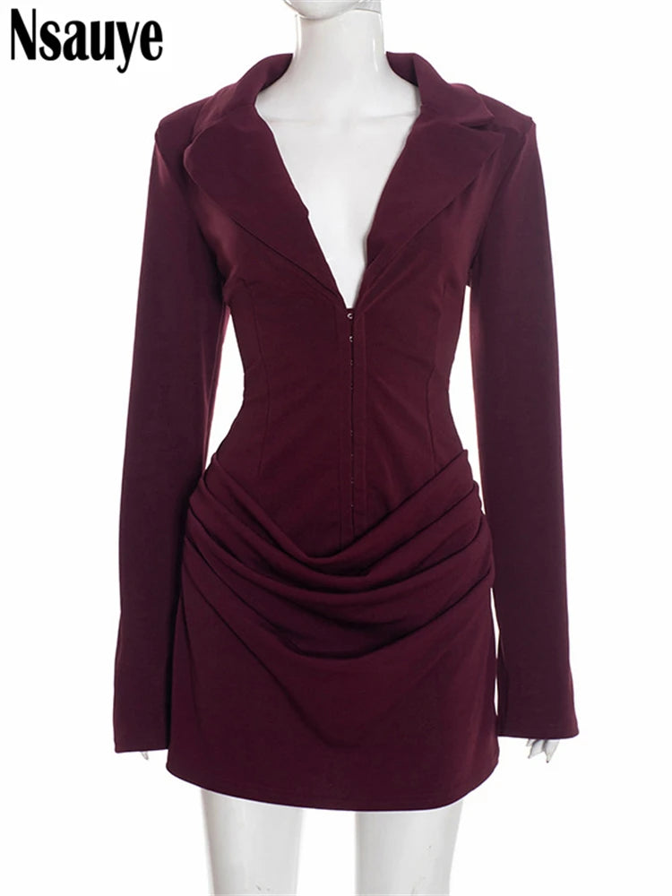 Nsauye Elegant Evening Short Dress Women Fall Long Sleeve Sexy Fashion Night Club Party White Mini Wrap Corset Dress 2025 Winter