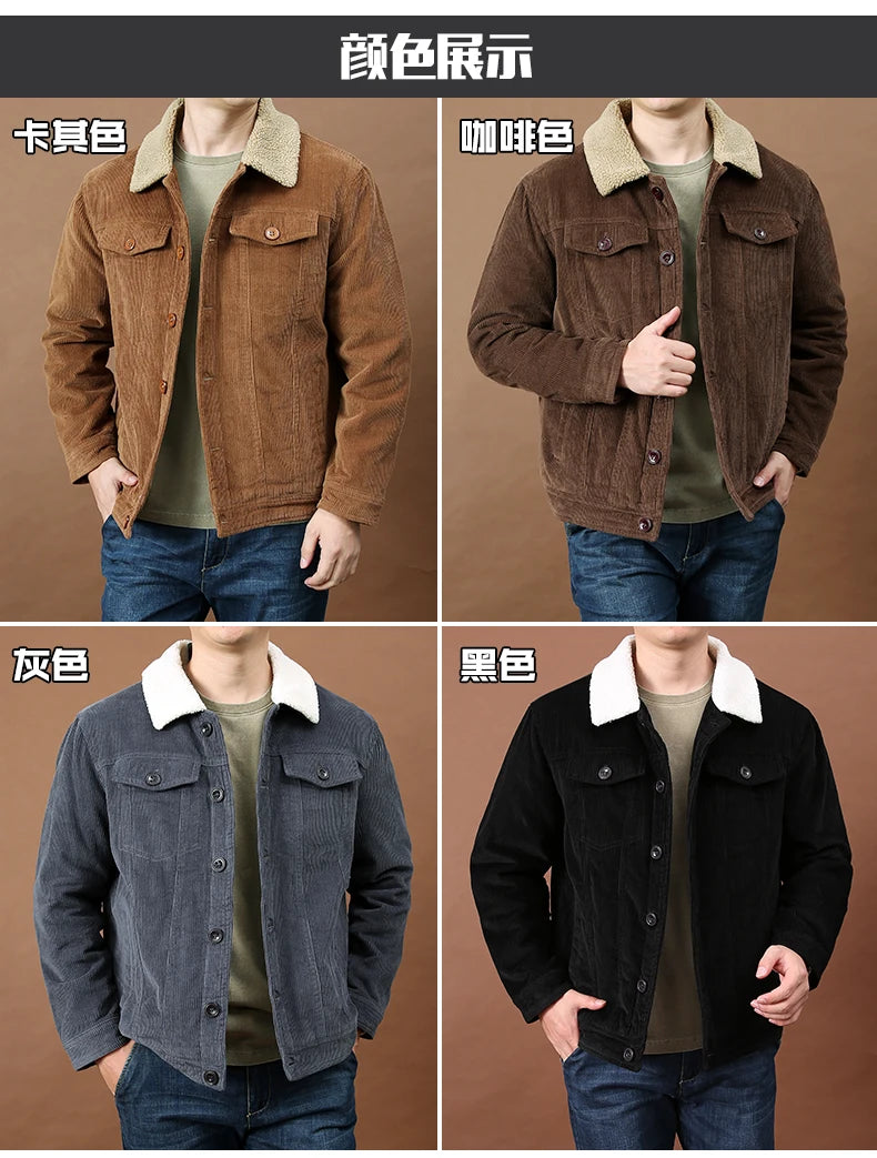 Men's Outdoor Sportswear Parkas Men's Corduroy Jacket High-quality Plush Retro Short Style Lapel Button Thick Winter Warm Jacket