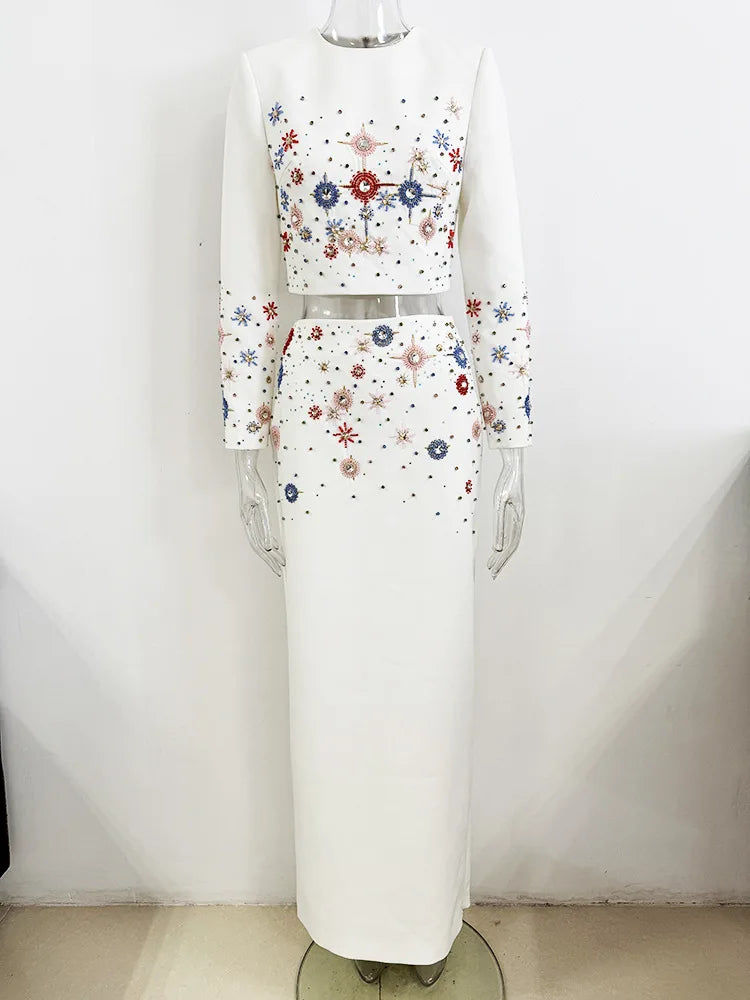 HIGH STREET Newest 2026 Designer Fashion Suit Set Women's  Diamonds Beaded Cropped Tops Long Skirt Set 2pcs