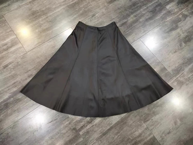 Genuine Leather Skirts For Women 2025 Europe Street Top Layer Sheepskin Pleated Faldas Mujer Long Umbrella Super Large Hem Jupe