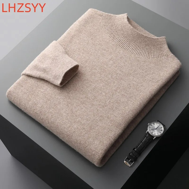 Men's Semi-High Collar First-line Clothing 100% Pure Wool Sweater Autumn New Loose Knit Pullover Leisure Long Sleeve Jacket Tops