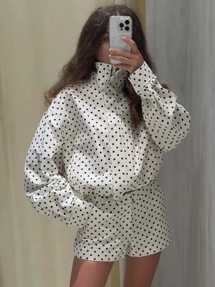 Elegant Polka Dot Jacket Sets For Women Autumn Stand Collar Drawstring Coats High Waist Shorts 2 Pieces Sets Lady Street Outfits