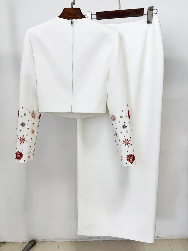 HIGH STREET Newest 2026 Designer Fashion Suit Set Women's  Diamonds Beaded Cropped Tops Long Skirt Set 2pcs