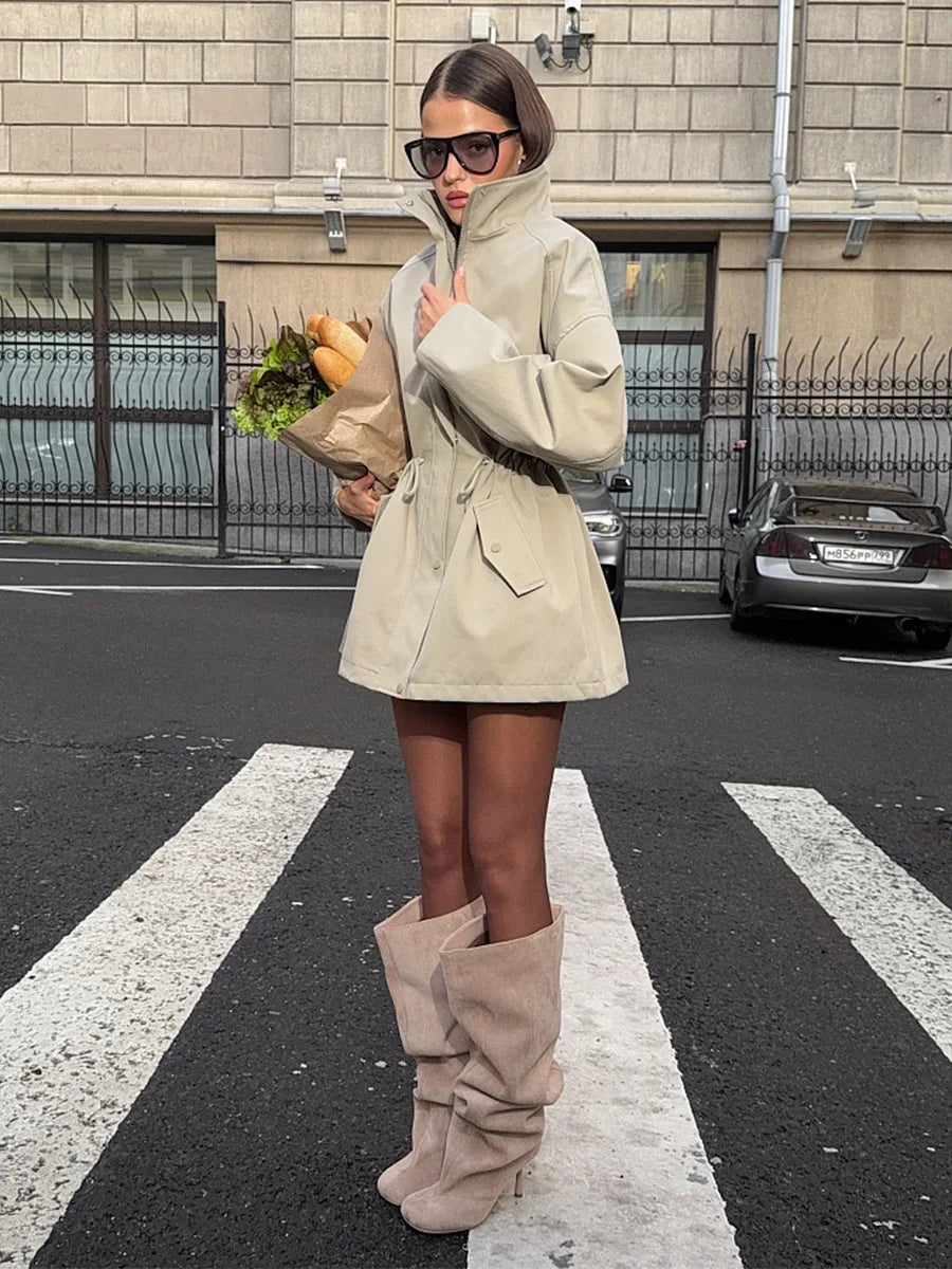 Tossy Stand Collar Lace-Up Trench Jacket Fashion Female Autumn 2025 Commute Long Sleeves Casual Women's High Waist Trench Coat