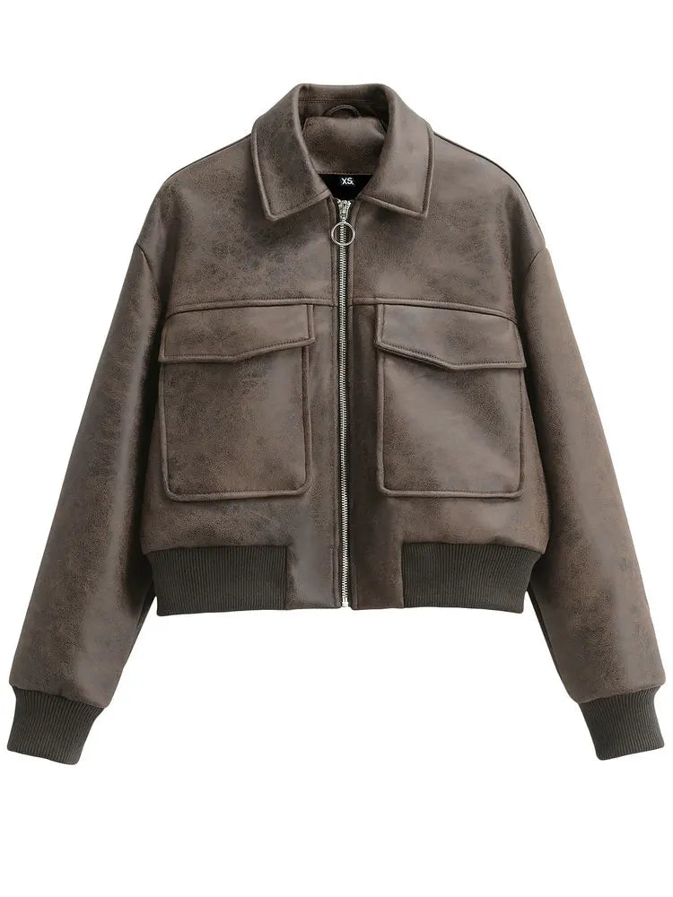 Women Retro Vintage Coffee Faux Leather PU Baseball Jackets Female Moto Biker Pockets Mate Suede Loose Fit Streetwear Coats Tops