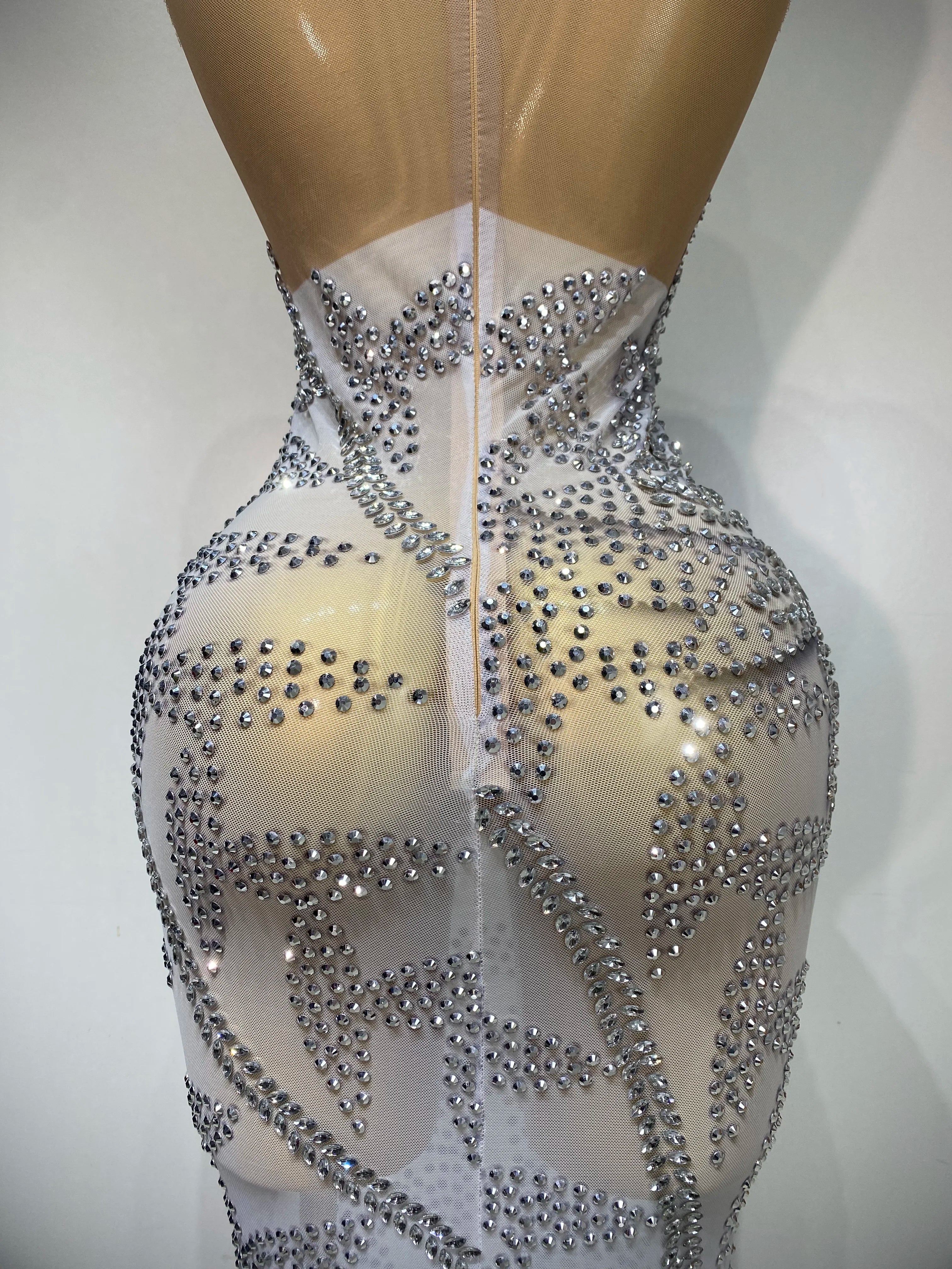 Luxury Rhinestone Sleeveless Silver Long Dress Women Sexy Mesh See Through Evening Prom Birthday Photo Shoot Singer Stage Outfit