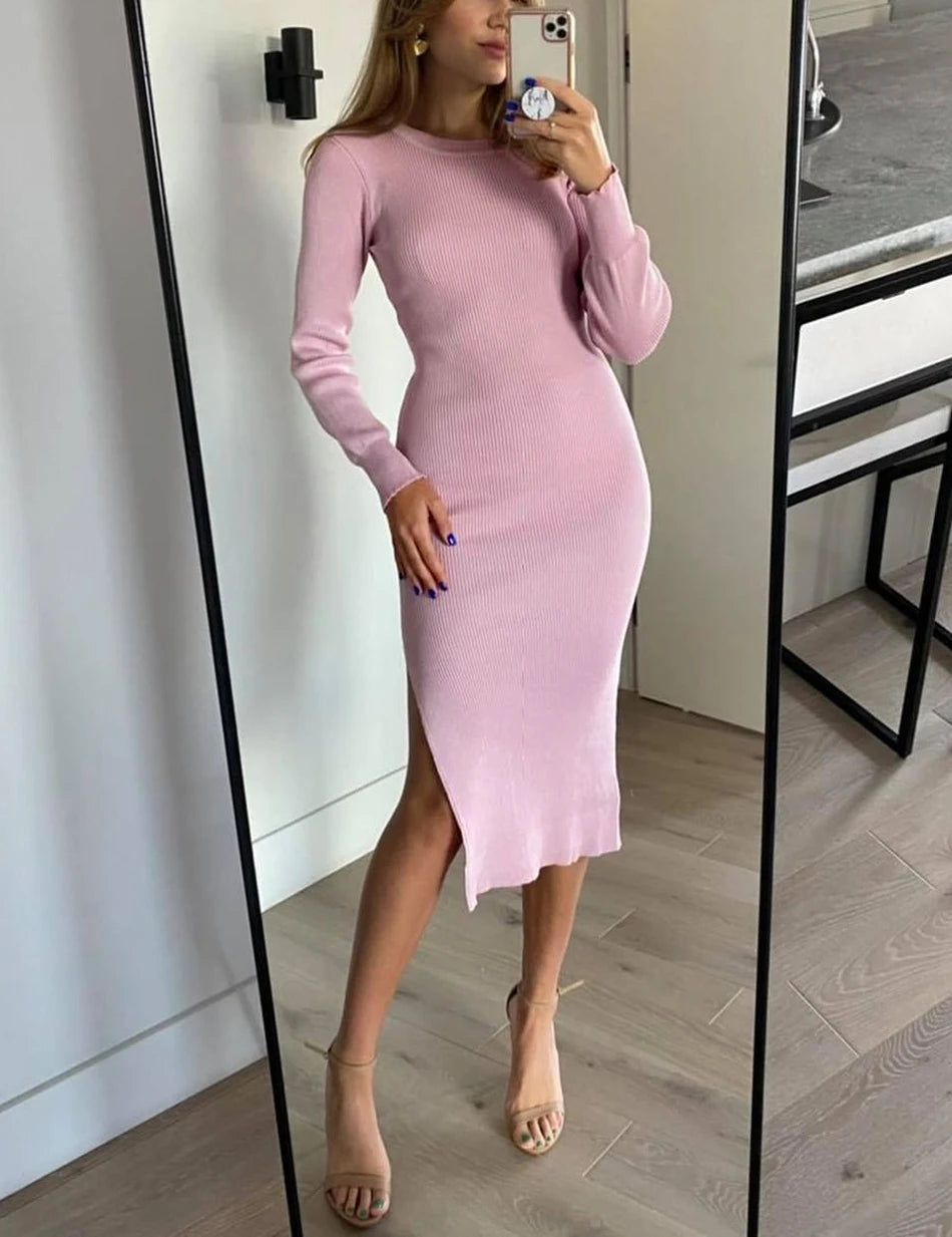 Black Women Knitted Dress with Side Slits Bodycon Autumn Winter Tight Dresses Elegant Long Sleeve Female Ribbed Knit Dress 2025