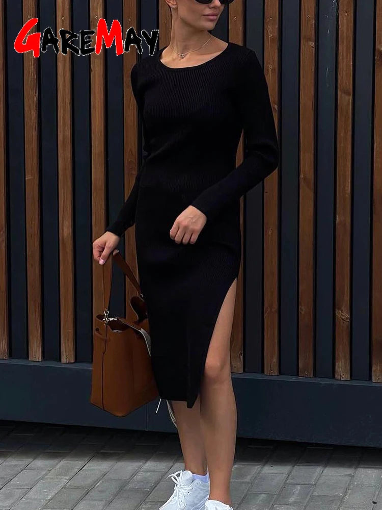 Black Women Knitted Dress with Side Slits Bodycon Autumn Winter Tight Dresses Elegant Long Sleeve Female Ribbed Knit Dress 2025