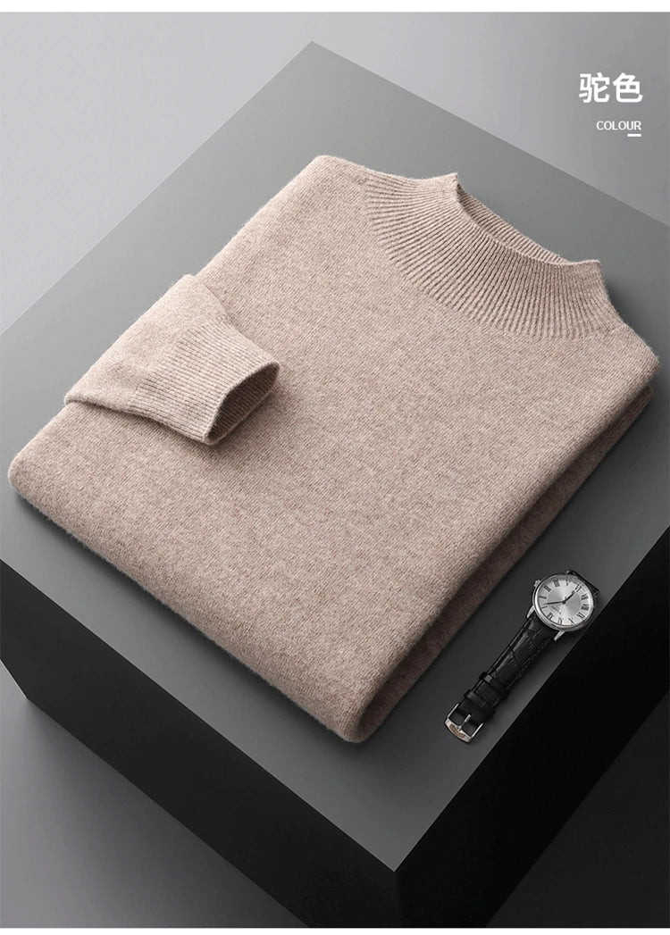 Men's Semi-High Collar First-line Clothing 100% Pure Wool Sweater Autumn New Loose Knit Pullover Leisure Long Sleeve Jacket Tops