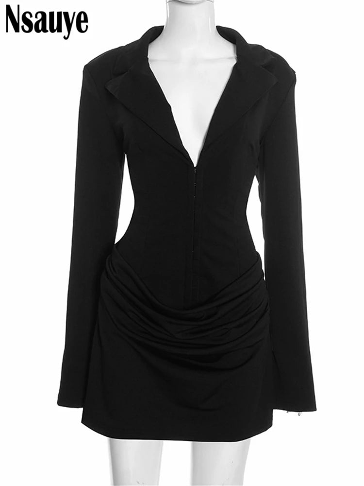 Nsauye Elegant Evening Short Dress Women Fall Long Sleeve Sexy Fashion Night Club Party White Mini Wrap Corset Dress 2025 Winter