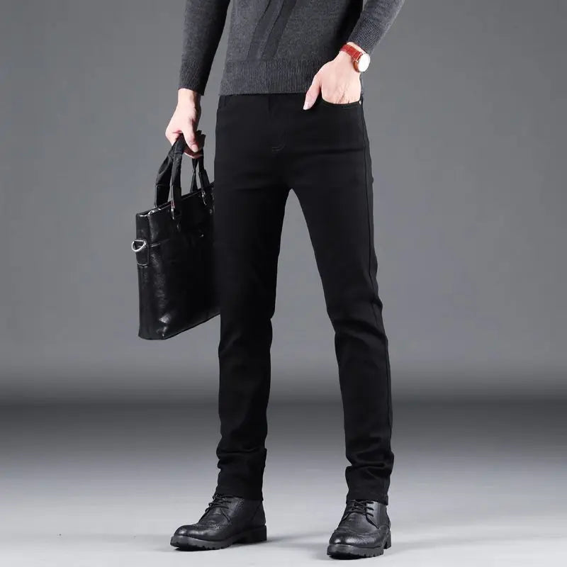 Spring Autumn New Men's Pure Black Slim Jeans Elastic Straight Pants Business Fashion Leisure Korean Vintage Denim Pants Male