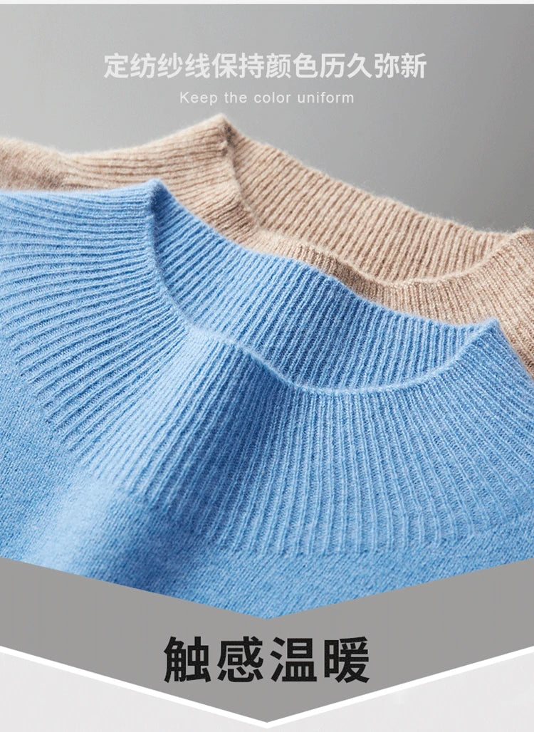 Men's Semi-High Collar First-line Clothing 100% Pure Wool Sweater Autumn New Loose Knit Pullover Leisure Long Sleeve Jacket Tops