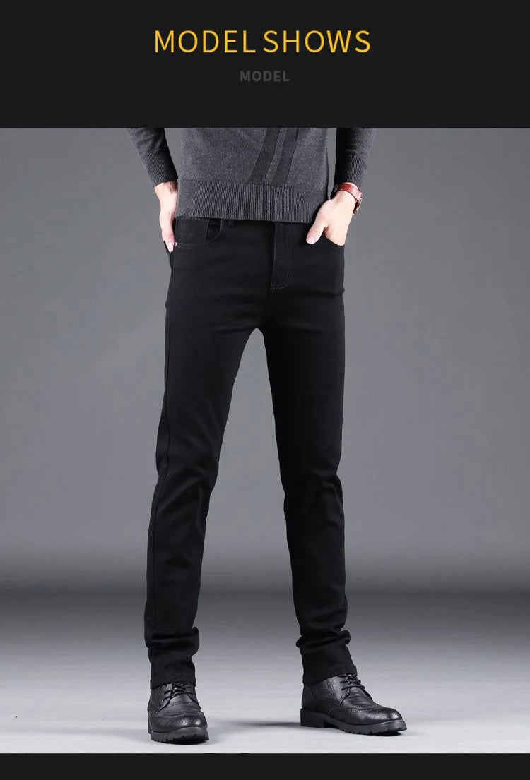 Spring Autumn New Men's Pure Black Slim Jeans Elastic Straight Pants Business Fashion Leisure Korean Vintage Denim Pants Male