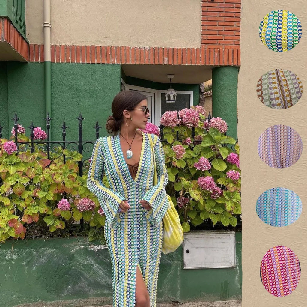 Crochet Colorful Stripe Maxi Dress Women Flare Sleeve Deep V-neck Split Sexy Long Dresses Spring Autumn Beach Banquet Vestidos